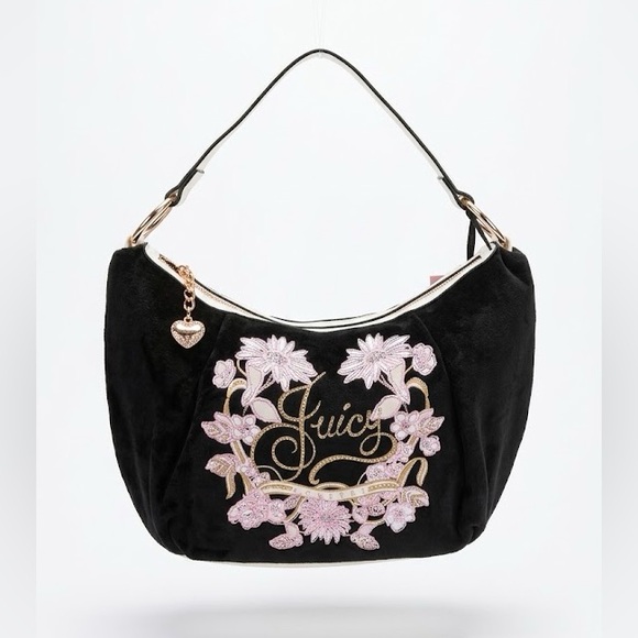 Juicy Couture Handbags - Juicy Couture Black Velvet Hobo with Pink Floral Embroidery